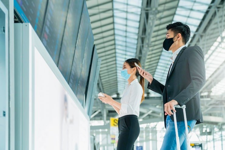 asian business people wear mask face protection business travel checking map flight schedule information boarding screen terminal airport 609648 285
