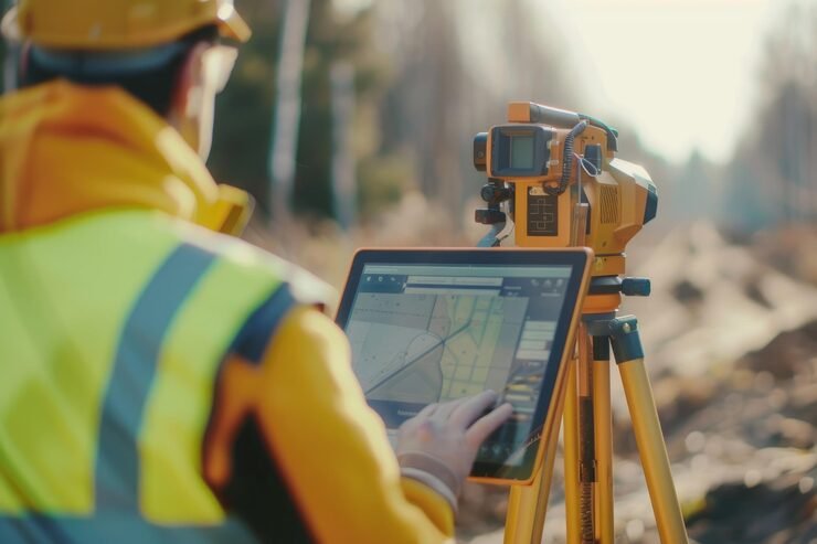 engineer uses rugged tablet operate total station surveying 1168123 112328