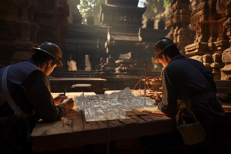 engineers hard hats studying intricate carv 00556 01 883586 184427