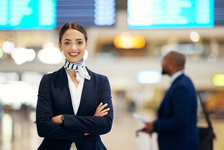 woman airport service agent with arms crossed standing ready with smile faq help direction portrait happy female airline passenger assistant smiling immigration travel services 590464 149325